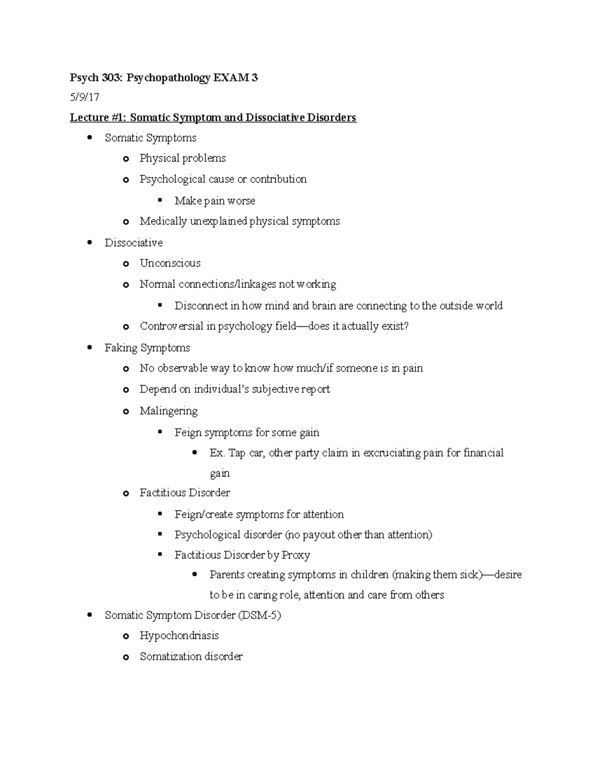 Psych 303 Lecture notes exam 3 - Psych 303: Psychopathology EXAM 3 5/9 ...