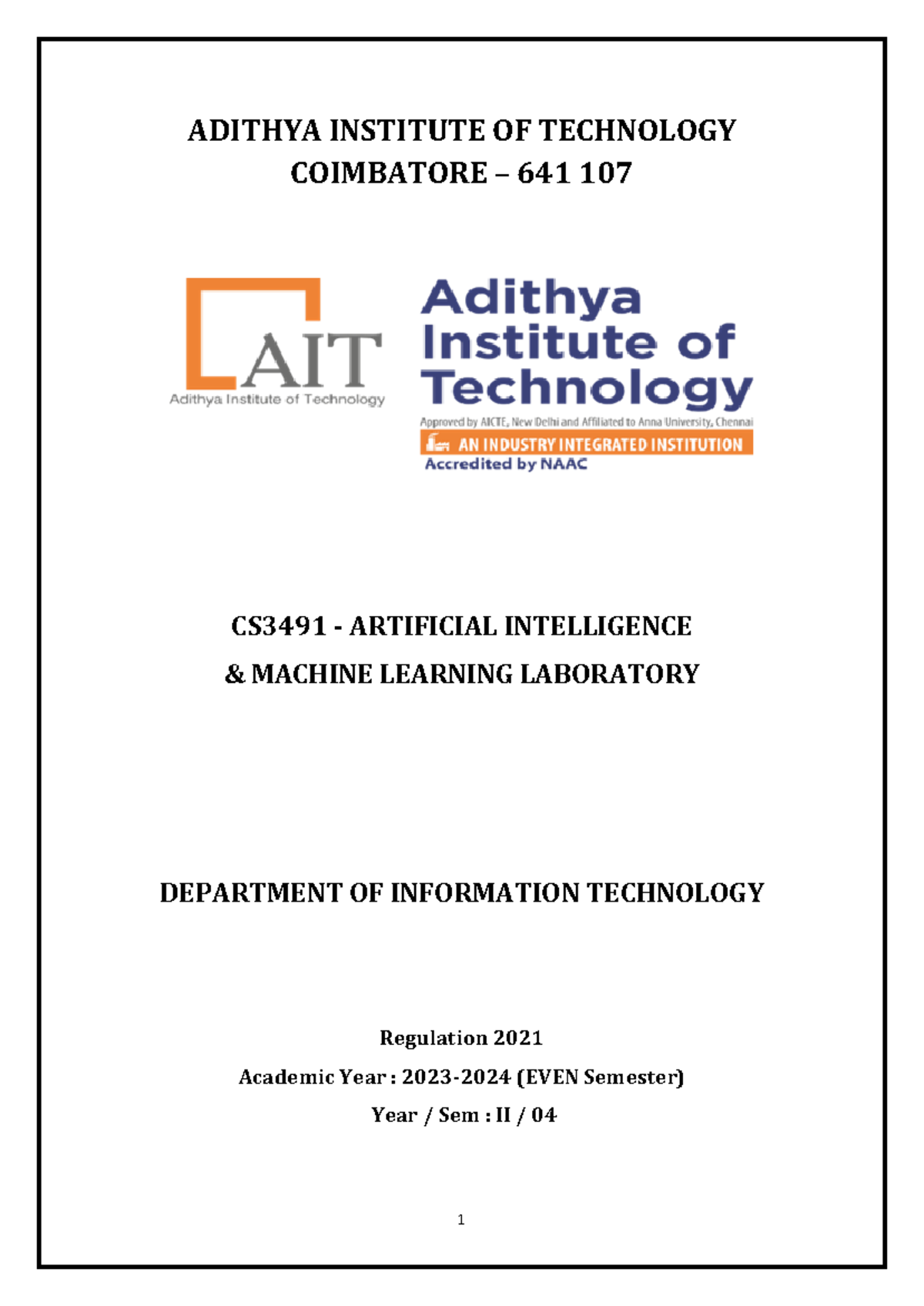 CS3491 - AI & ML Laboratory Manual (Regulation 2021) - Studocu