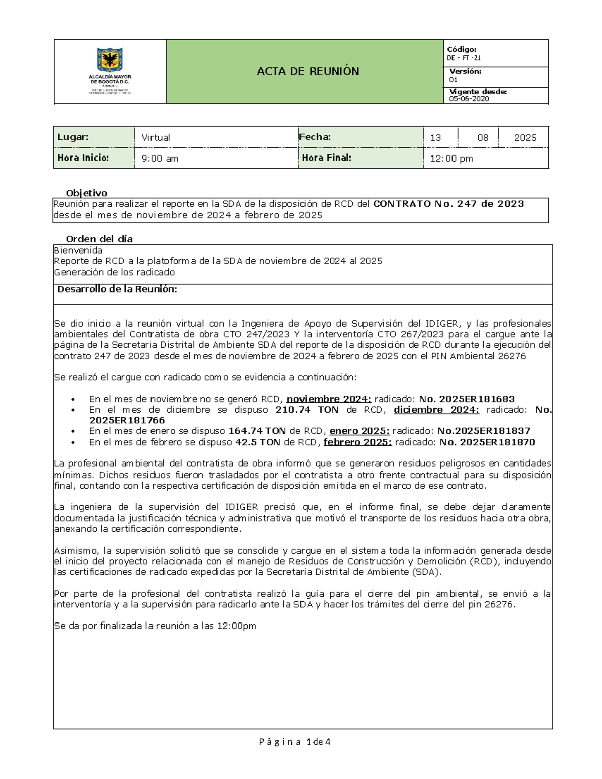 Acta de Reunión sobre Reporte RCD - Contrato No. 247 de 2023 - Studocu