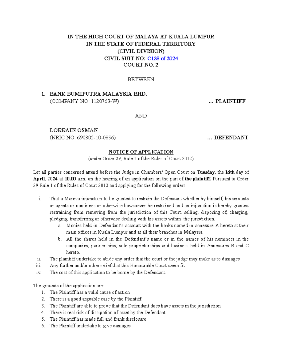 Drafting Exercise: Form 57 - Notice of Application No. C138/2024 - Studocu