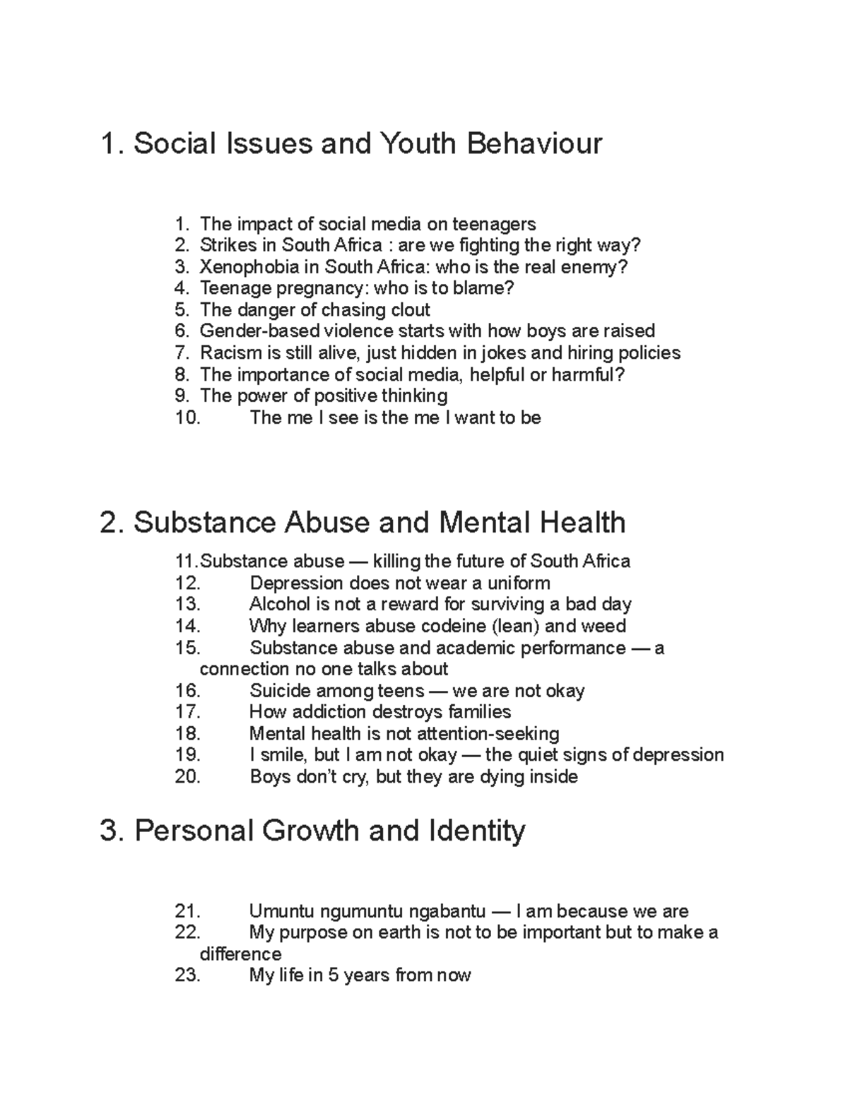 Unprepared Speech Topics: Social Issues, Substance Abuse & Personal ...