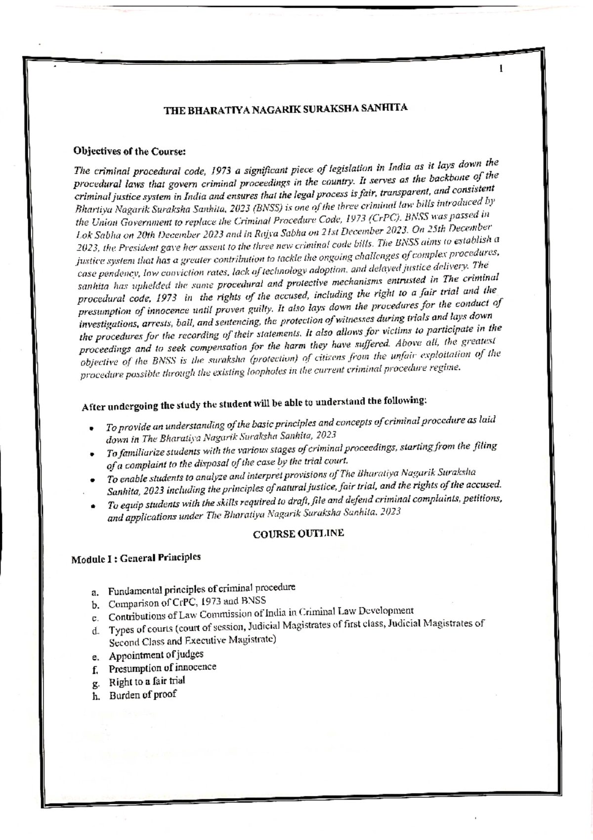 BNSS 2023 - Comprehensive Lecture Notes on Criminal Procedure - Studocu