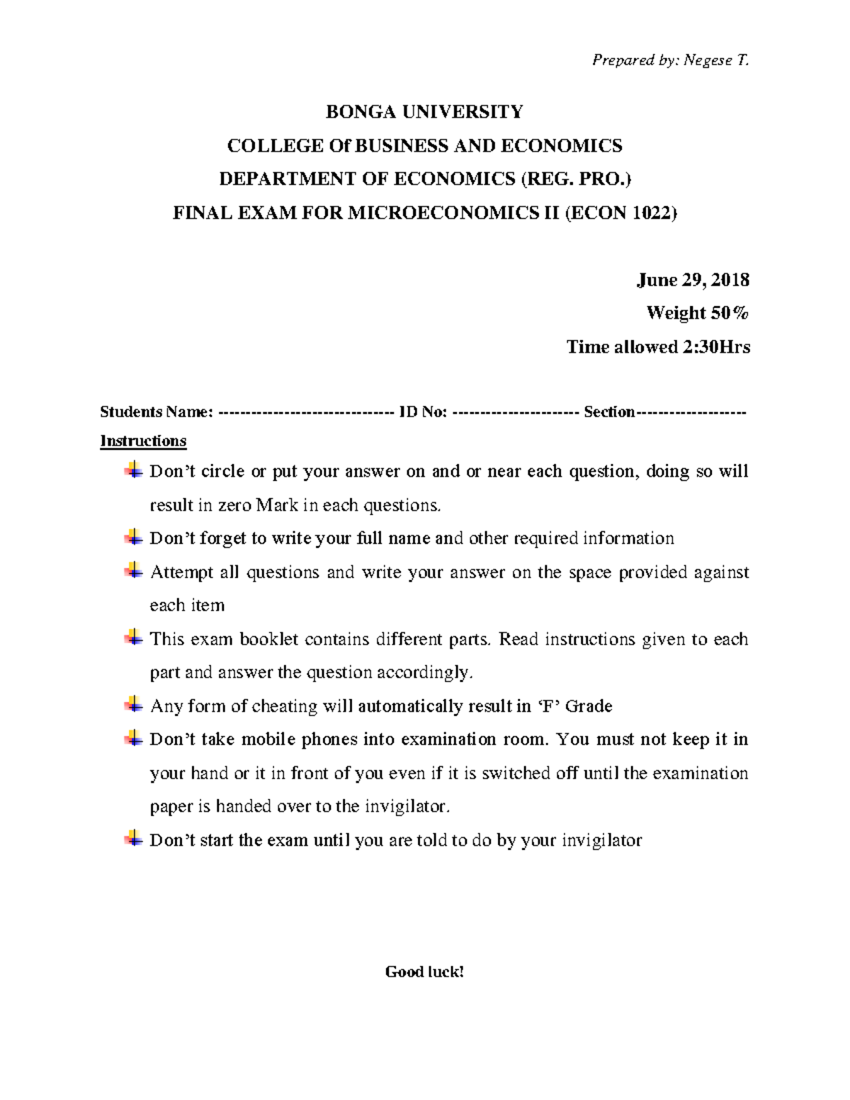 Final Exam for Microeconomics II (ECON 1022) - Bonga University - Studocu