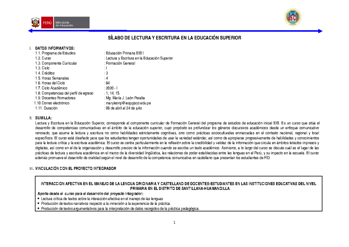 Silabo lec. y escrit. en la educ. sup. Primaria I - SÍLABO DE LECTURA Y ...