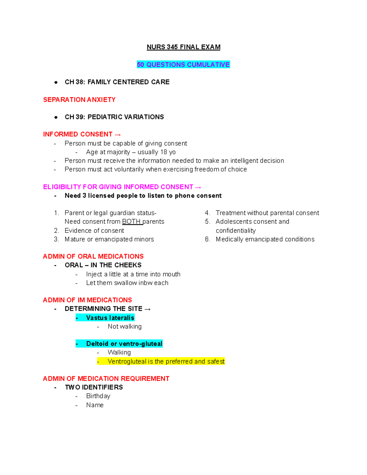NURS 345 Cumulative Final Exam Study Guide with Key Concepts - Studocu