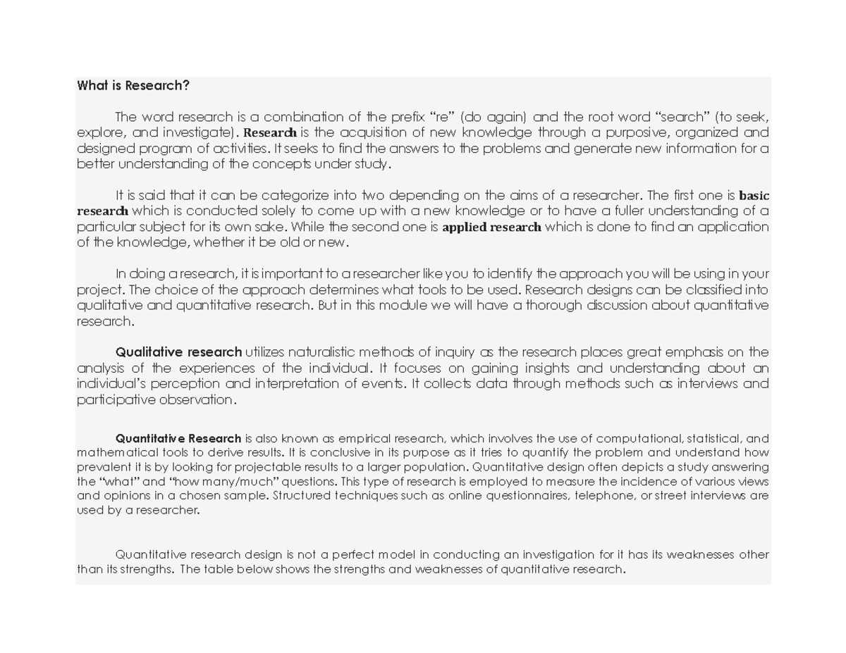 Pracre 1 - Characteristics, Strengths, Weaknesses of Quantitative ...