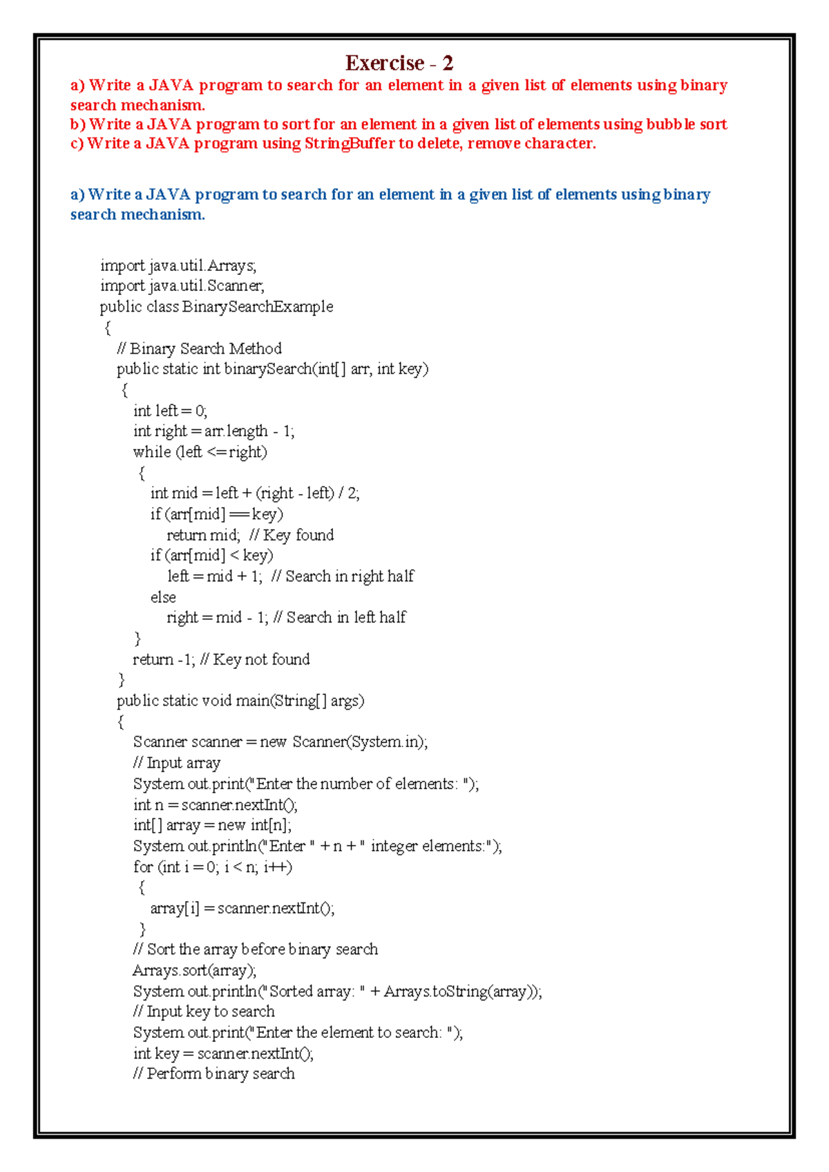JAVA Exercise 2: Binary Search, Bubble Sort & StringBuffer Operations ...