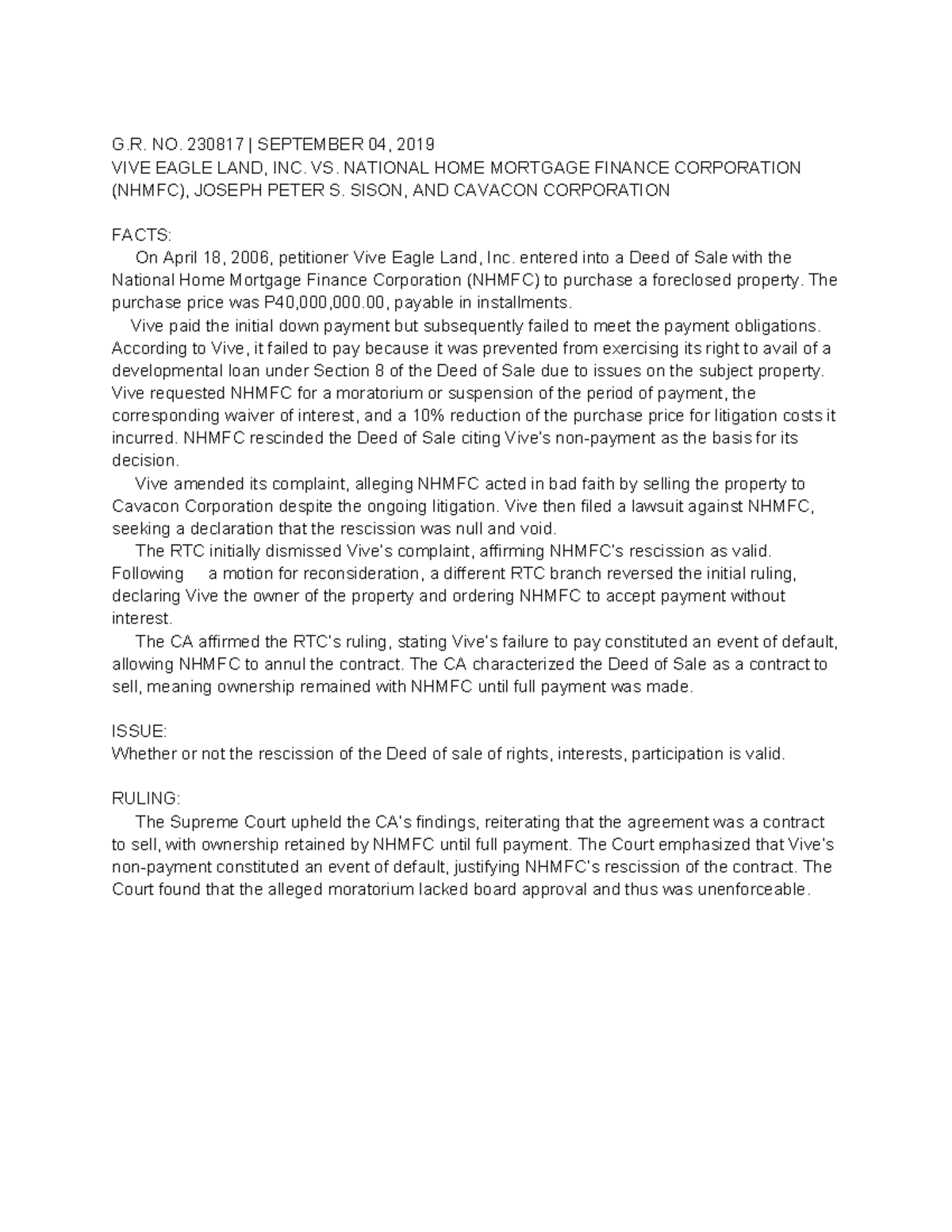 Sales Case Digest 2019: Key Rulings in Property Disputes and Contracts ...