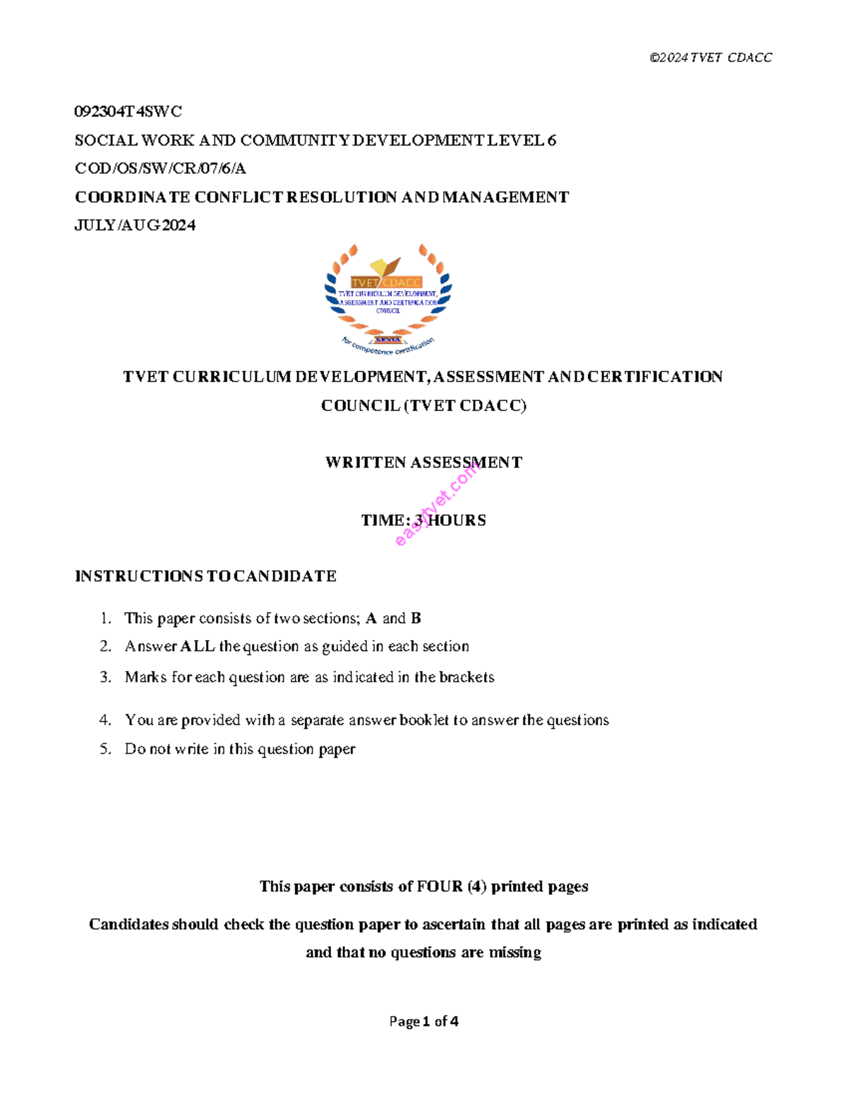 TVET CDACC 092304T4SWC Level 6 Social Work Conflict Management Exam ...