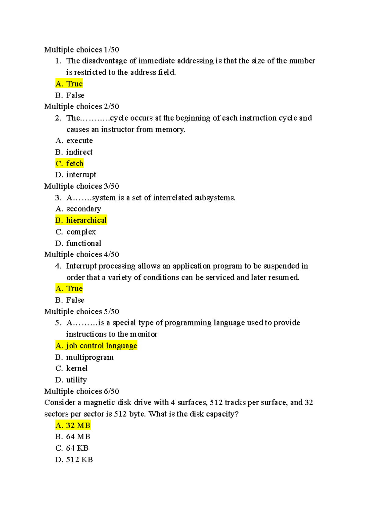 Final-SU22-HL - Multiple Choice Questions on Computer Architecture ...