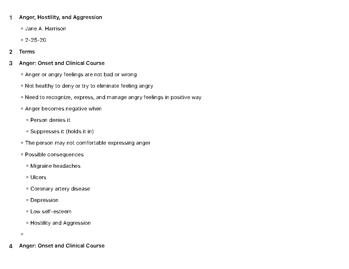 Anger, Hostility, and Aggression Lecture Notes - 1 Anger, Hostility ...