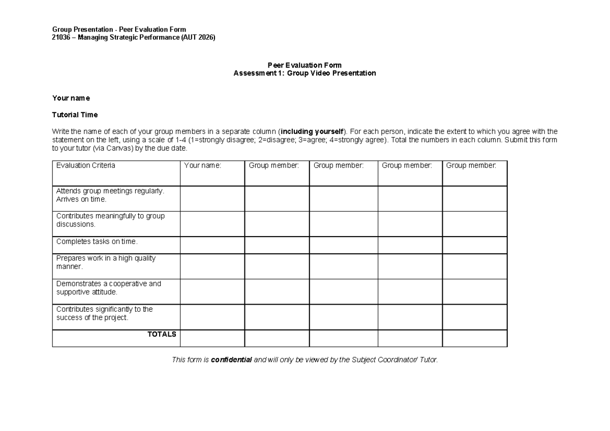 Peer Evaluation Form for Group Presentation (21036 AUT 2026) - Studocu