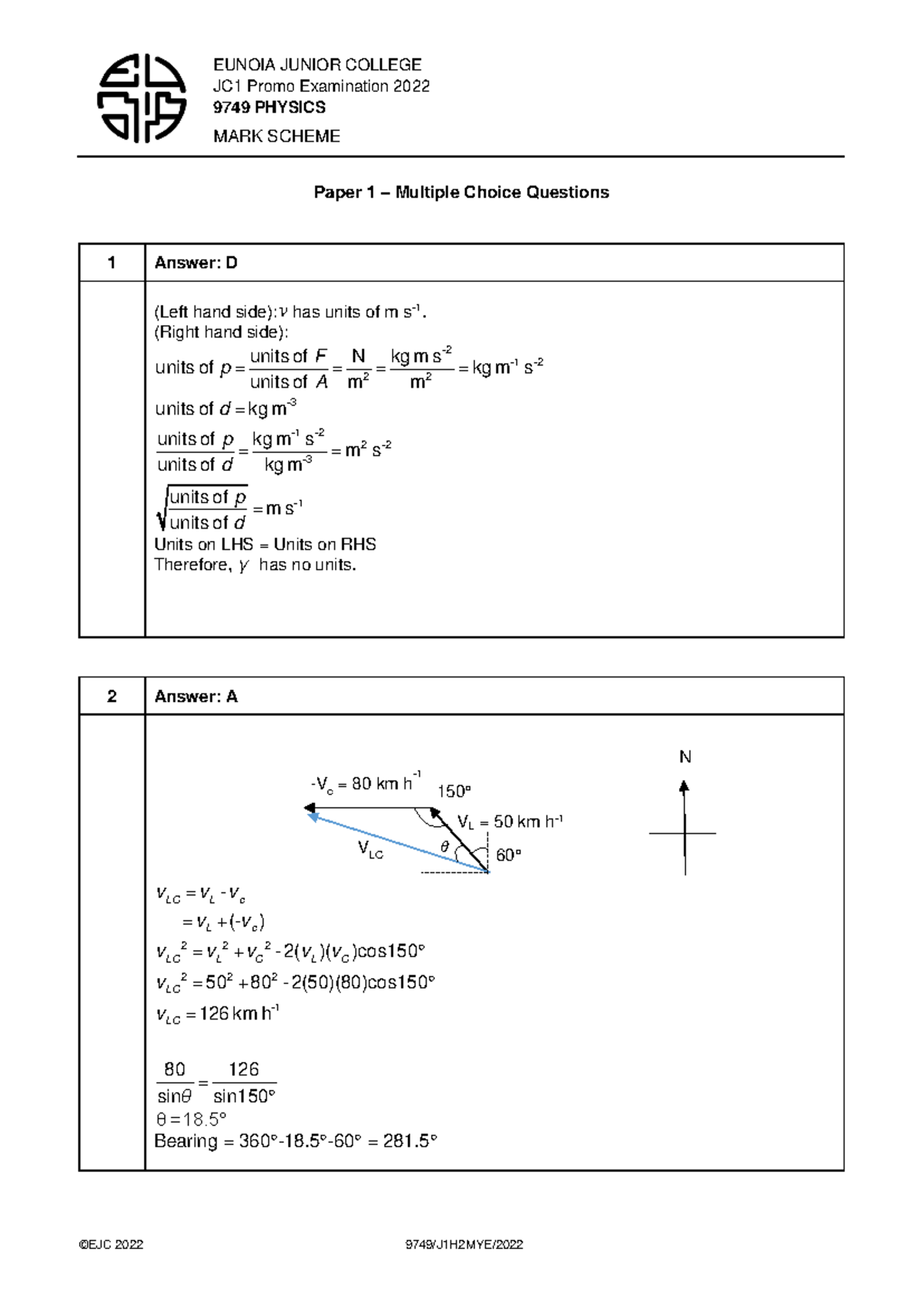 EJC 2022 JC1 Physics Promo MS (Paper 1 Mark Scheme) - Studocu
