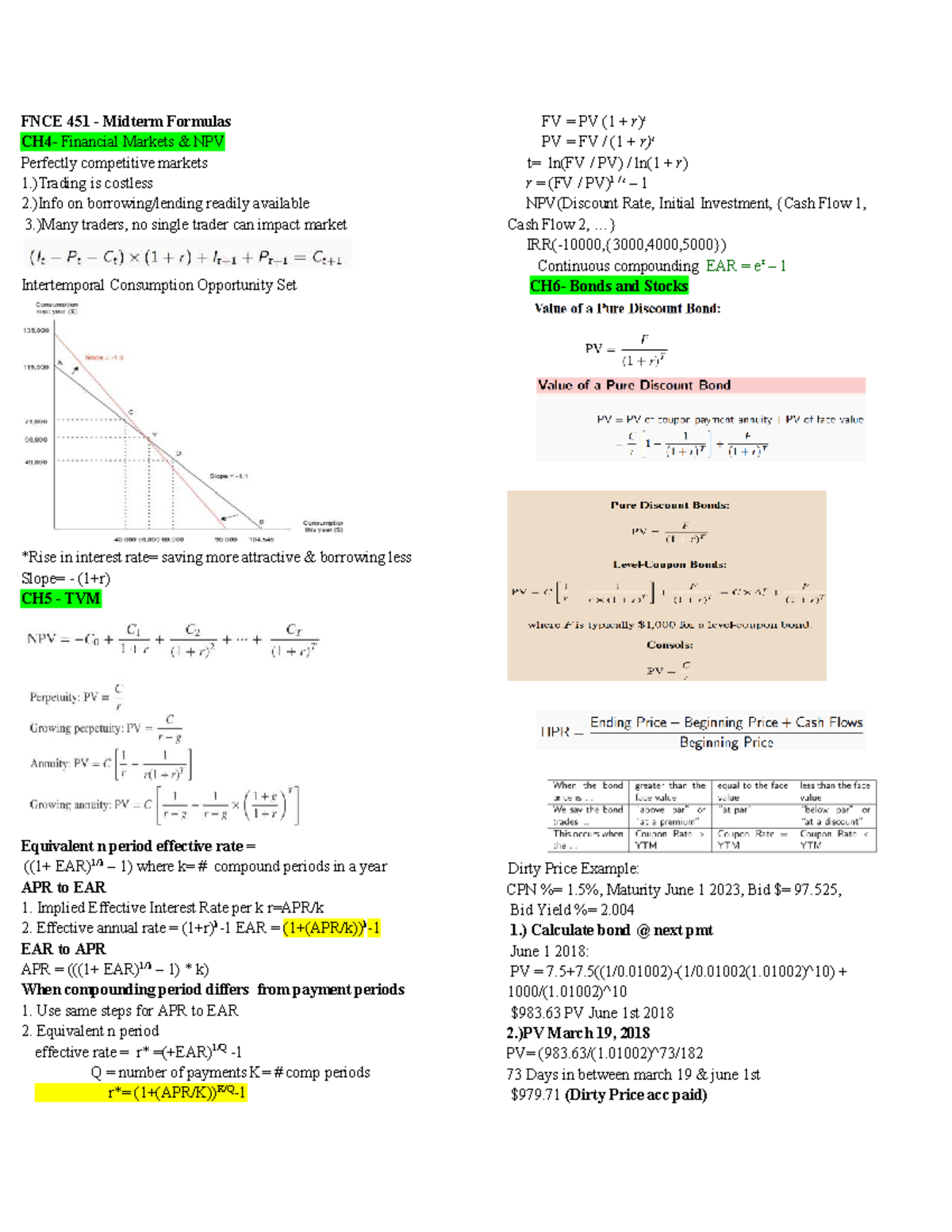 FNCE 451 Midterm formulas for financial markets and NPV analysis - Studocu
