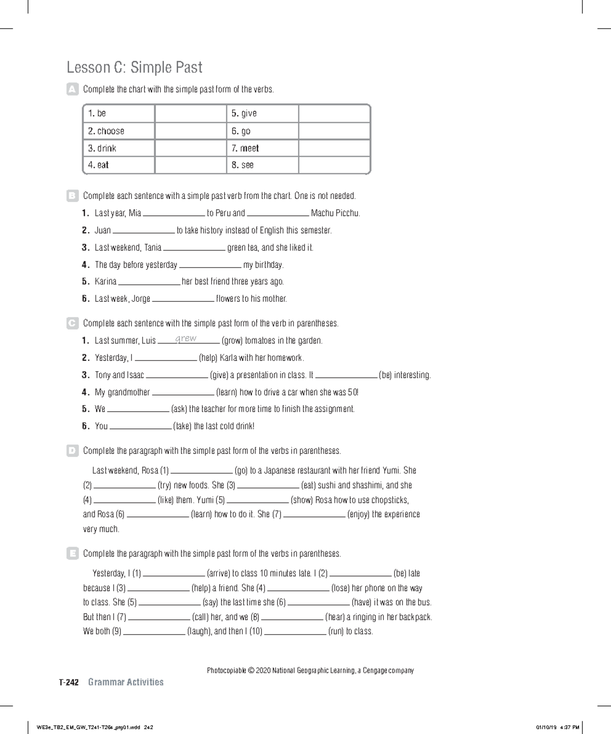 World English 3e Level 2: Grammar Activities Unit 1 - Lesson C - Studocu