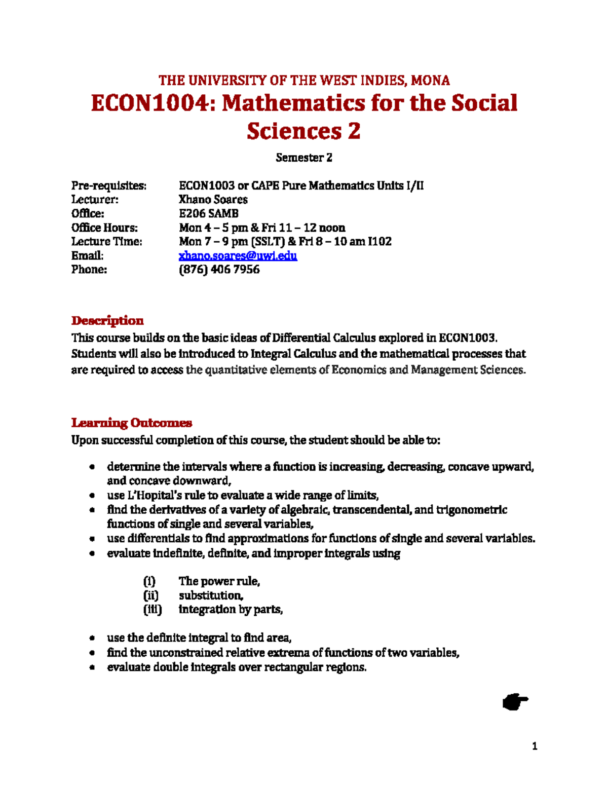 ECON1004: Mathematics for Social Sciences II Course Outline - Studocu
