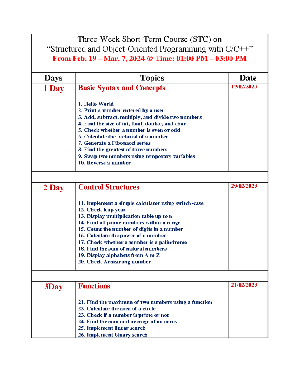 STC C++ Program DAY BY DAY PLAN pkm - Three-Week Short-Term Course (STC ...