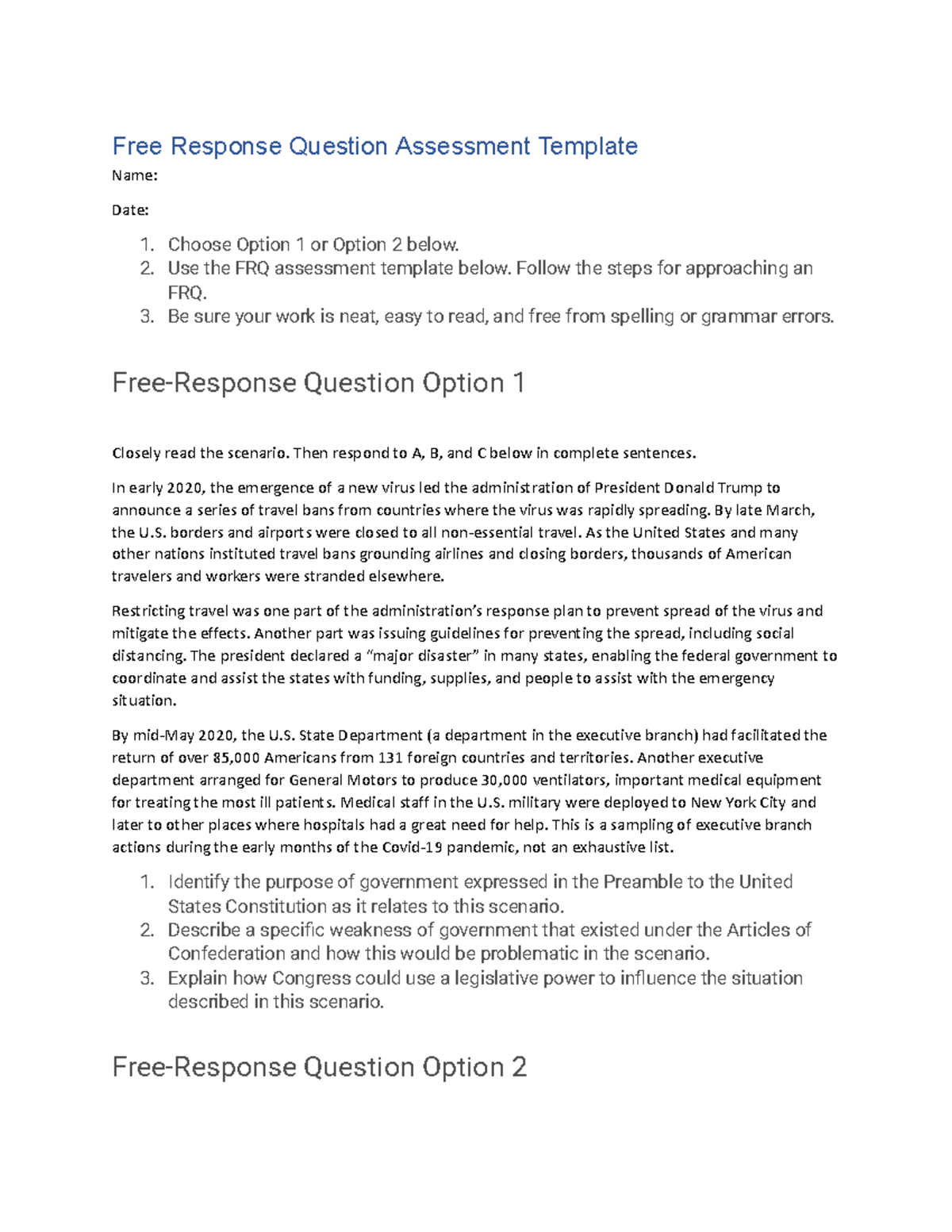 FRQ Assessment Template: Government Response to Crises (0103) - Studocu