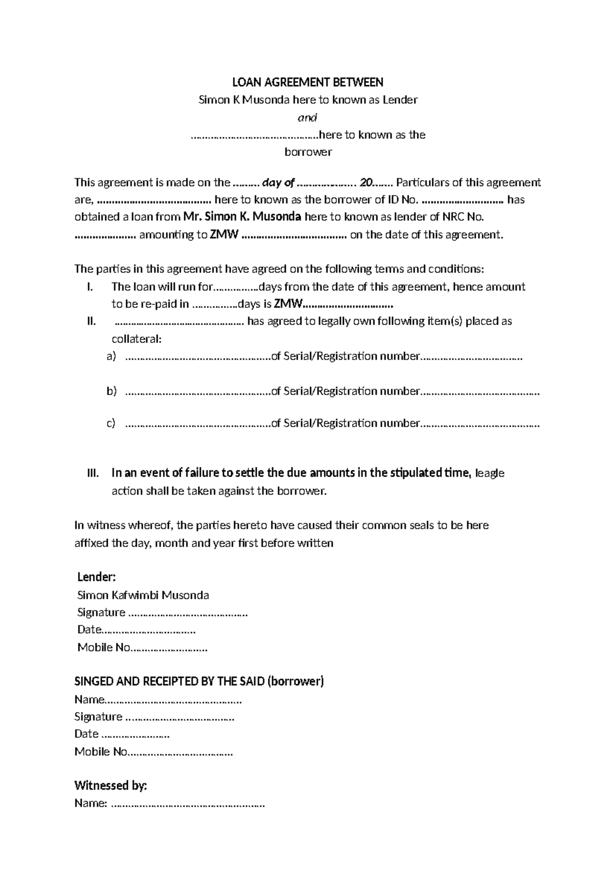General Loan Agreement Form: Simon K Musonda as Lender - Studocu