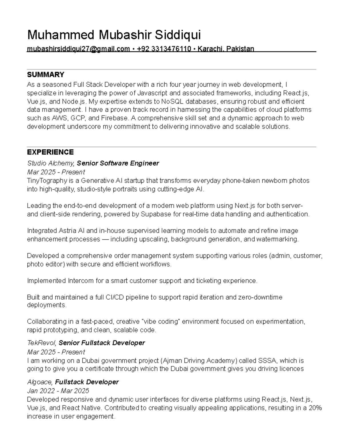 Mubashir Siddiqui's Full Stack Developer Resume - 3313476110 - Studocu