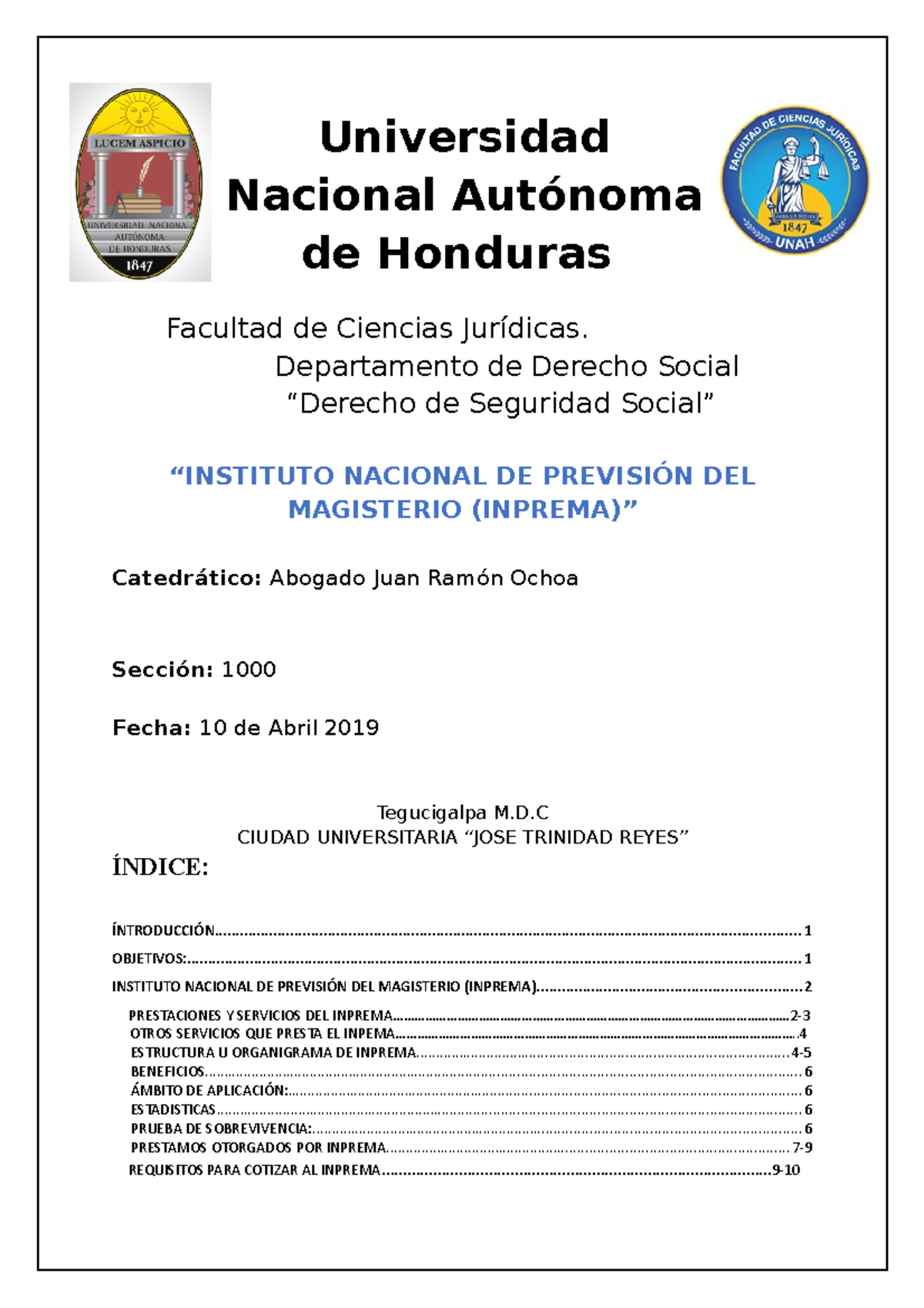 Informe sobre el Instituto Nacional de Previsión del Magisterio ...