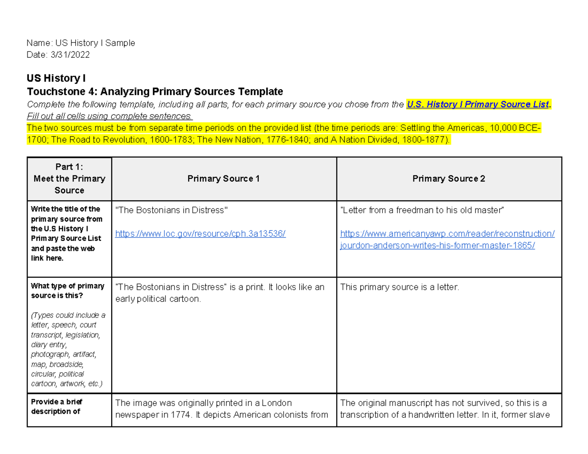 US History I Touchstone 4: Analyzing Primary Sources Template Guide ...