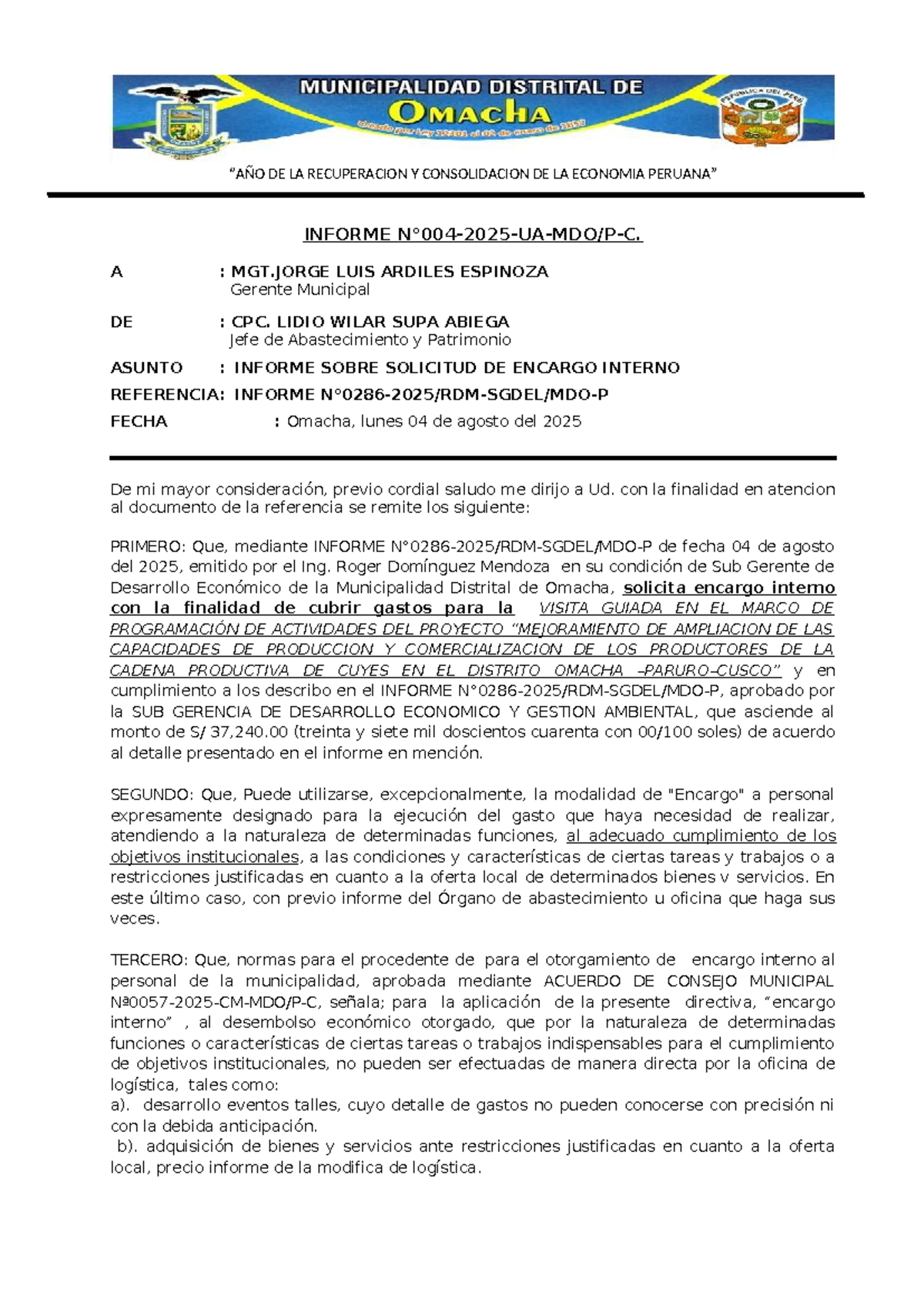 Informe sobre Encargo Interno para Proyecto de Cuyes - MGT 2025 - Document Preview