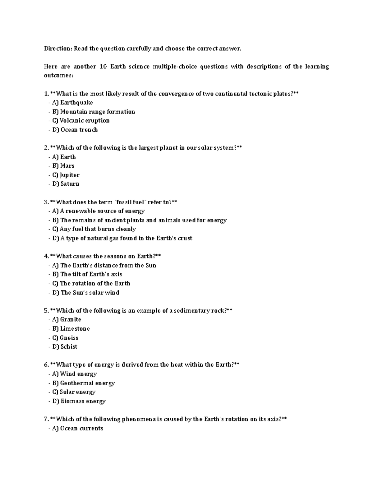 ERT14 - Earth Science Quiz: Key Concepts and Learning Outcomes - Studocu