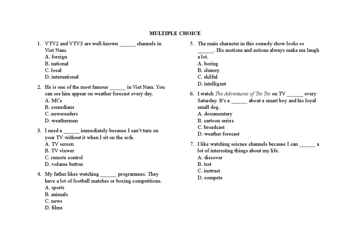 Unit 7 - Multiple Choice Questions on TV Programs and Comparatives ...