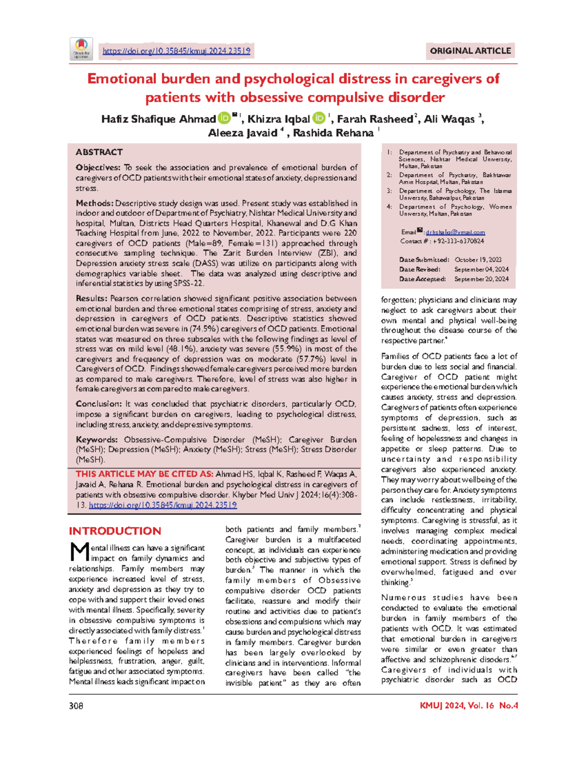Emotional Burden & Psychological Distress in OCD Caregivers: A Study ...