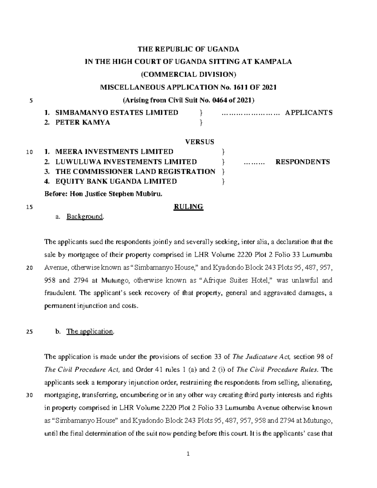 MISC. APPLICATION No. 1611 OF 2021: RULING ON INJUNCTION REQUEST - Studocu