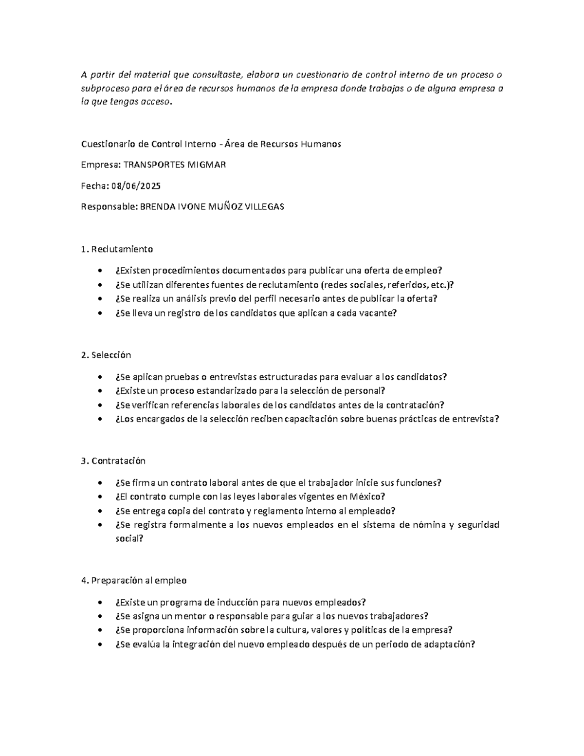 Cuestionario de Control Interno en Recursos Humanos - Actividad 5 AUD-3 ...