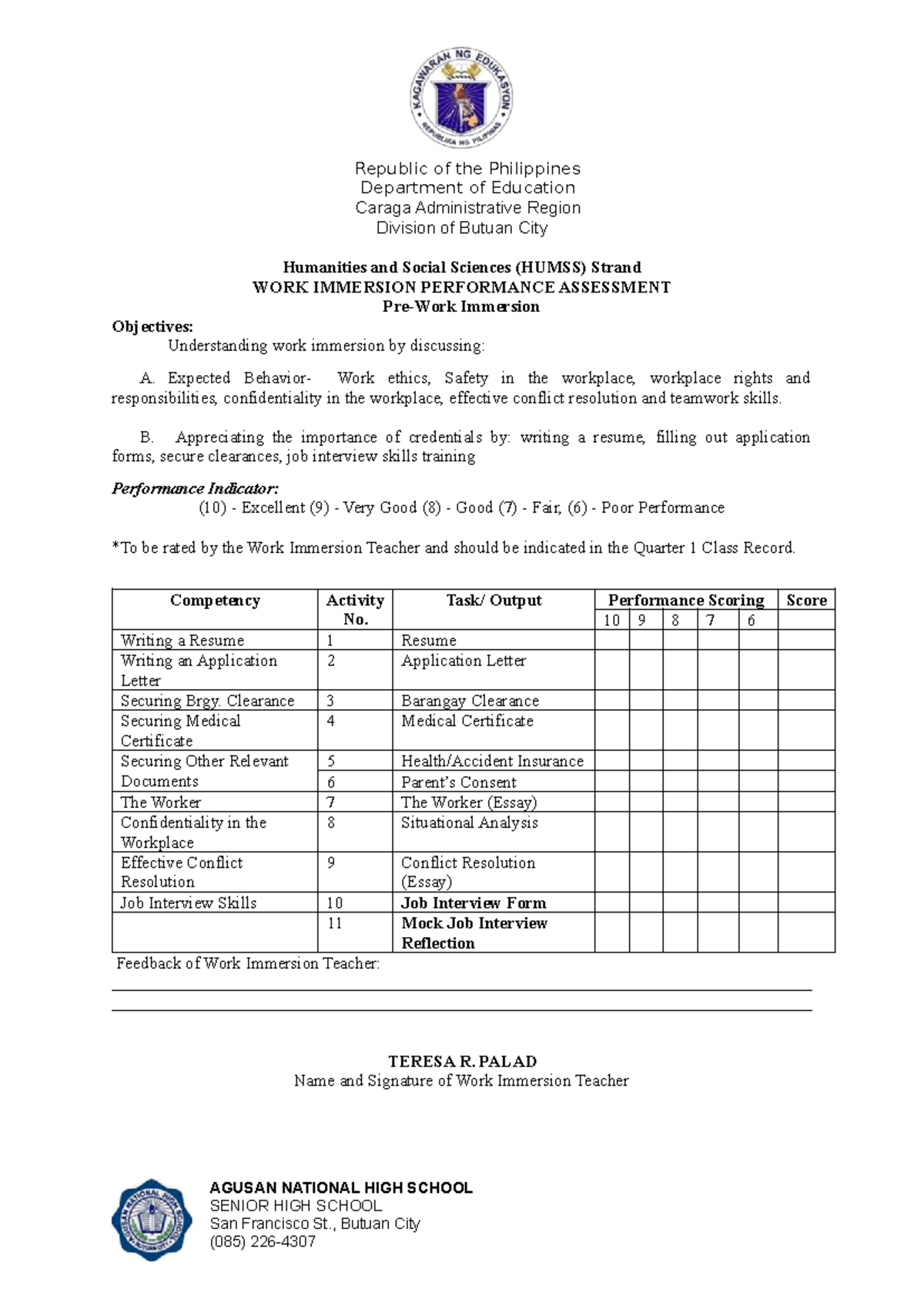 HUMSS Work Immersion Performance Assessment Workbook 2025-2026 - Studocu