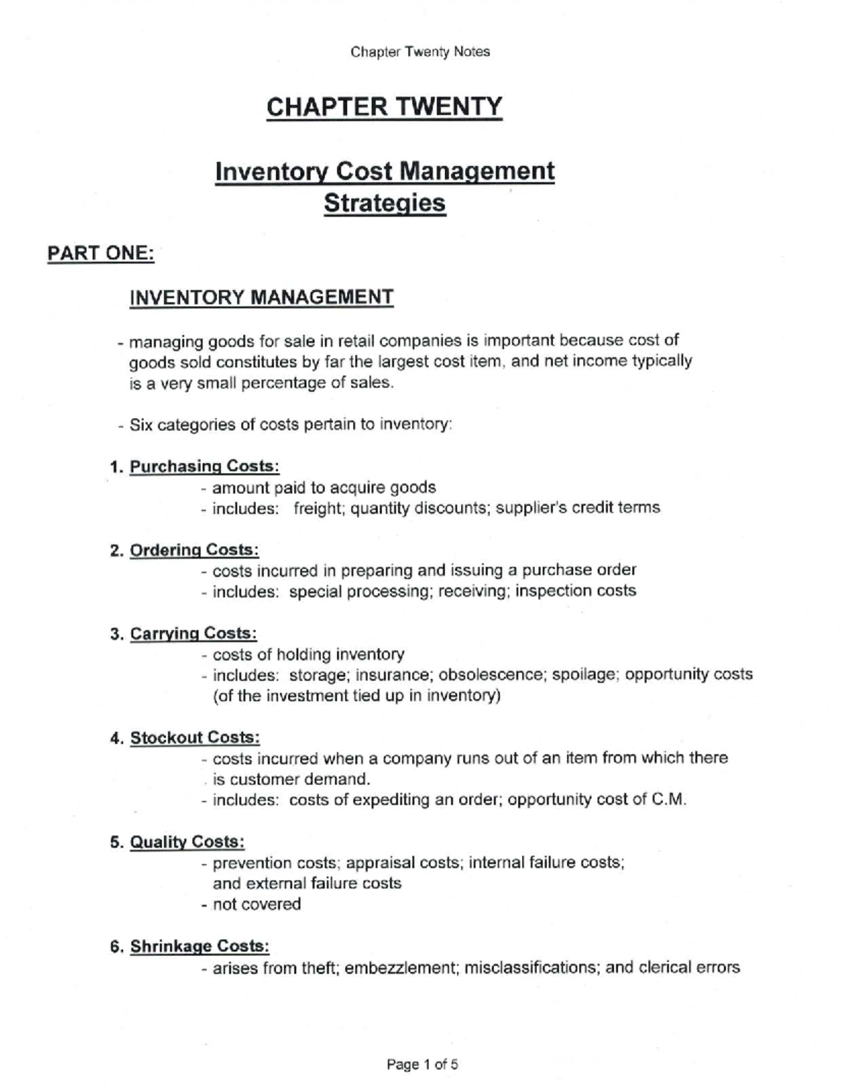CHP 20 - Notes on Inventory Cost Management Strategies and JIT - Studocu