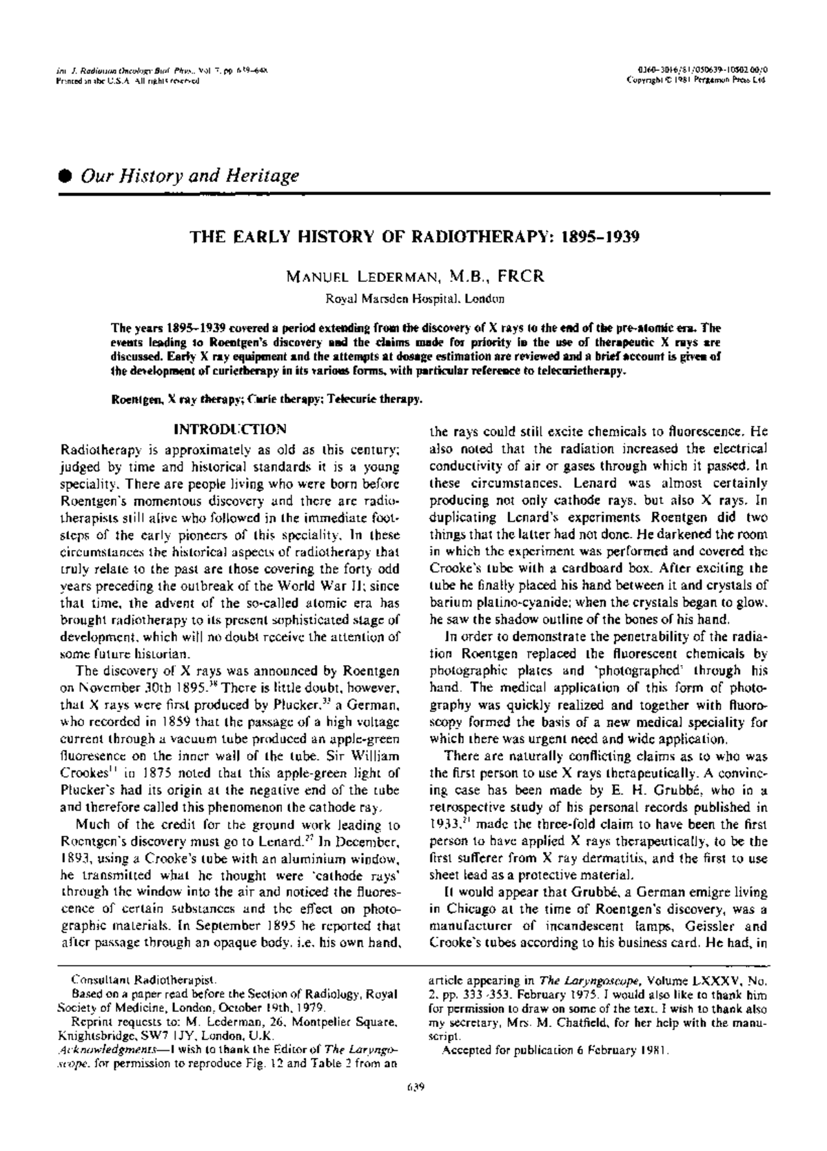 Early History of Radiotherapy: Key Developments and Pioneers (Inr. J ...