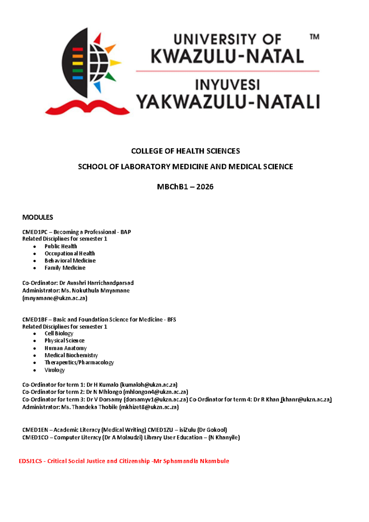 MBChB1 2026 Term 1 Lecture Timetable and Course Overview - Studocu