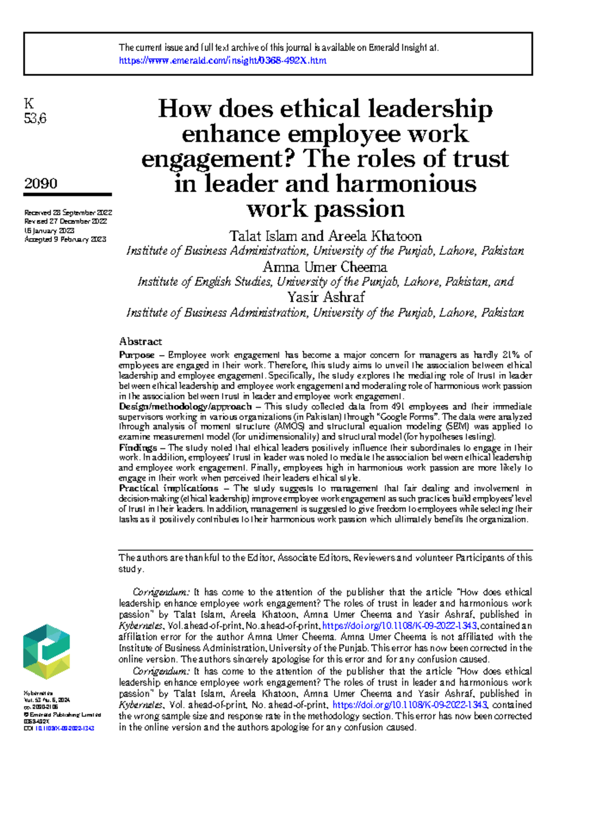K 53,6: Ethical Leadership's Impact on Employee Engagement and Trust ...
