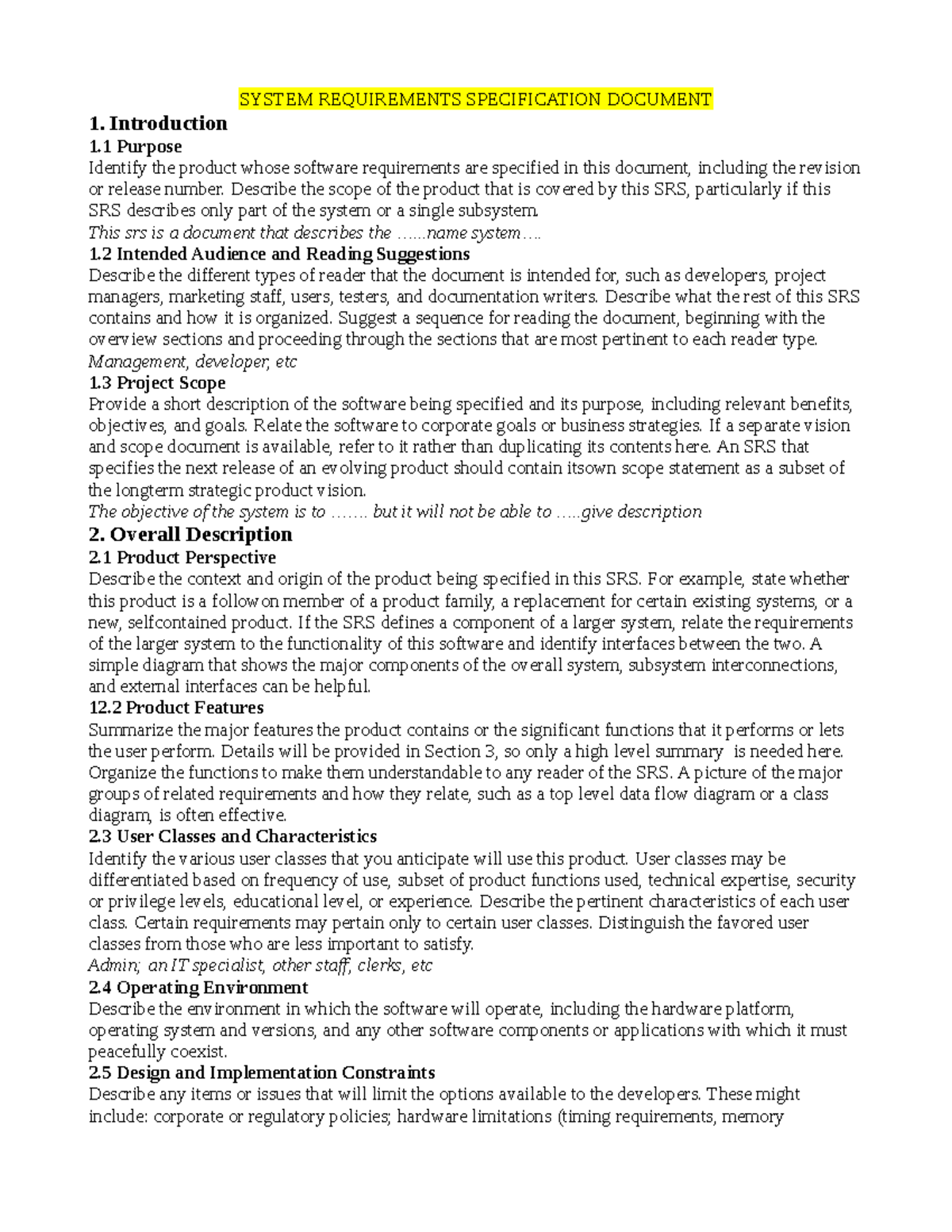 SRS Template for Software Requirements Specification Document - Studocu