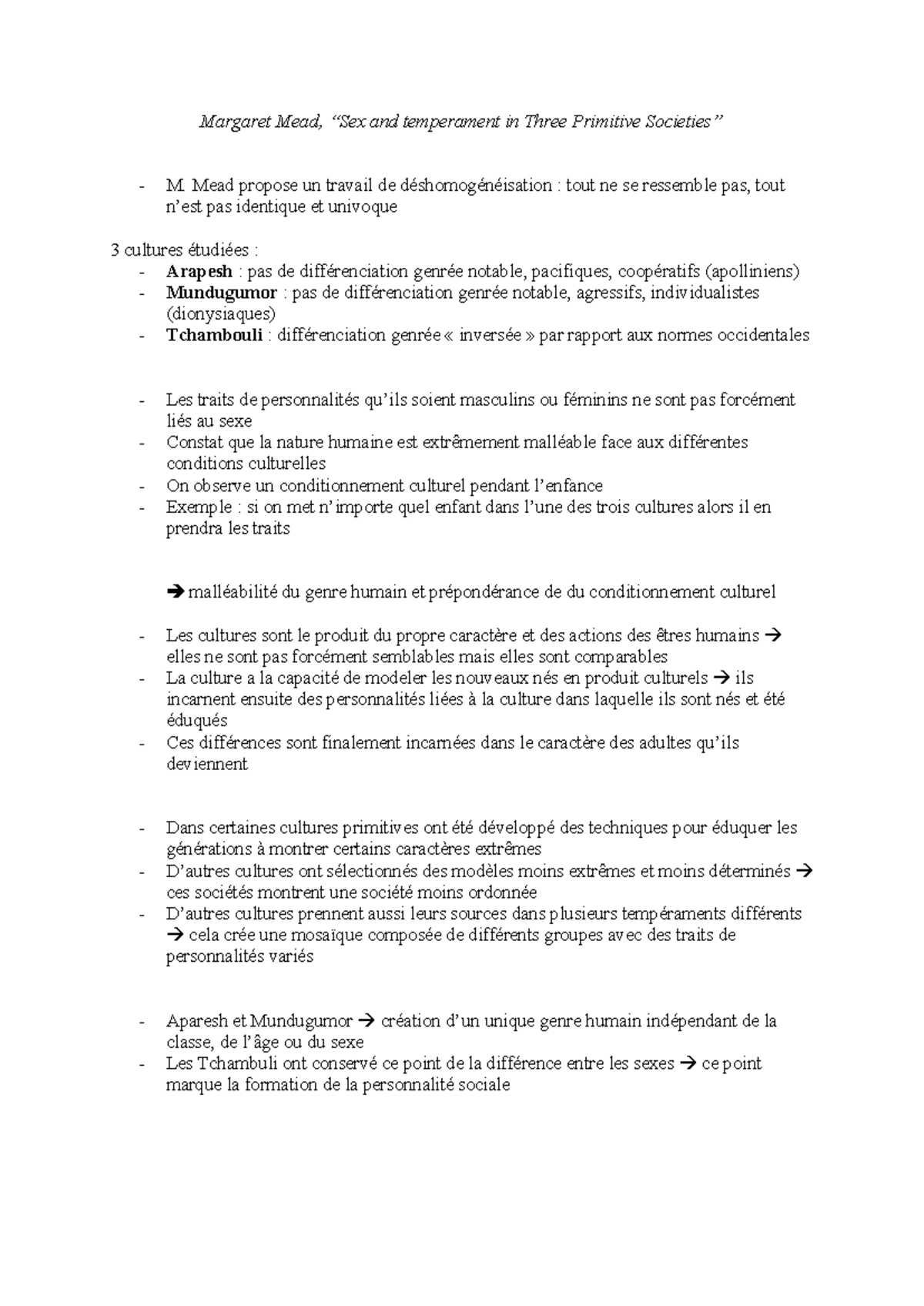 Fiche article Mead - Margaret Mead, “Sex and temperament in Three ...