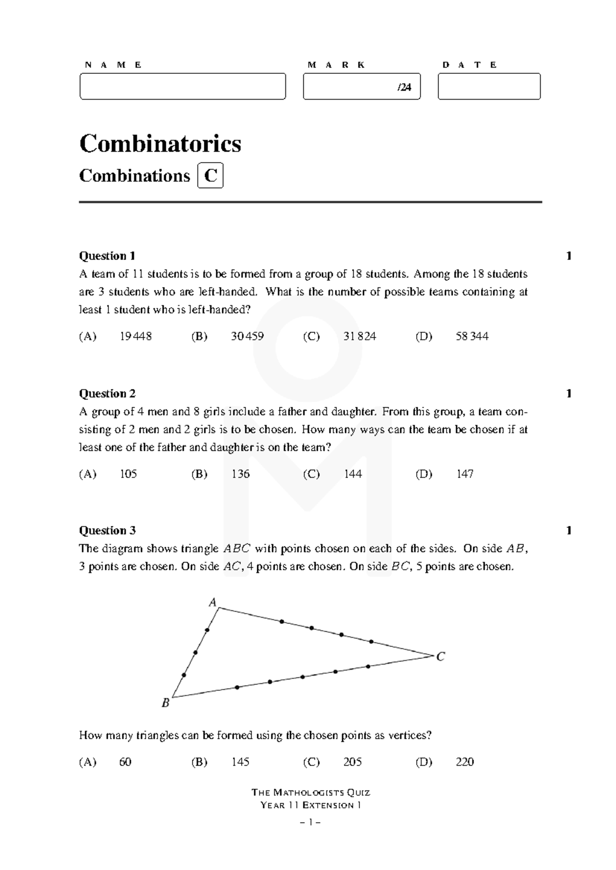 TM Quiz (27) - Combinatorics Quiz for Maths Ext1 Year 11/12 - Studocu