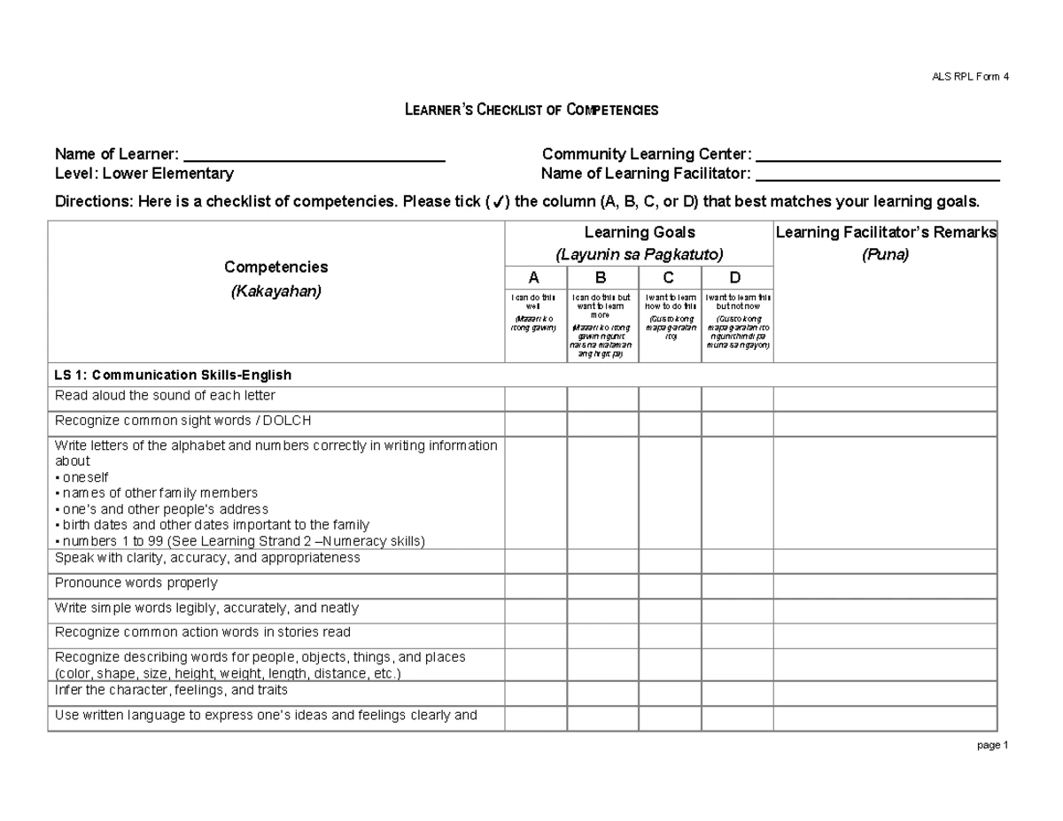 ALS Assessment Form 2: Monitoring Progress & Module Use - Studocu