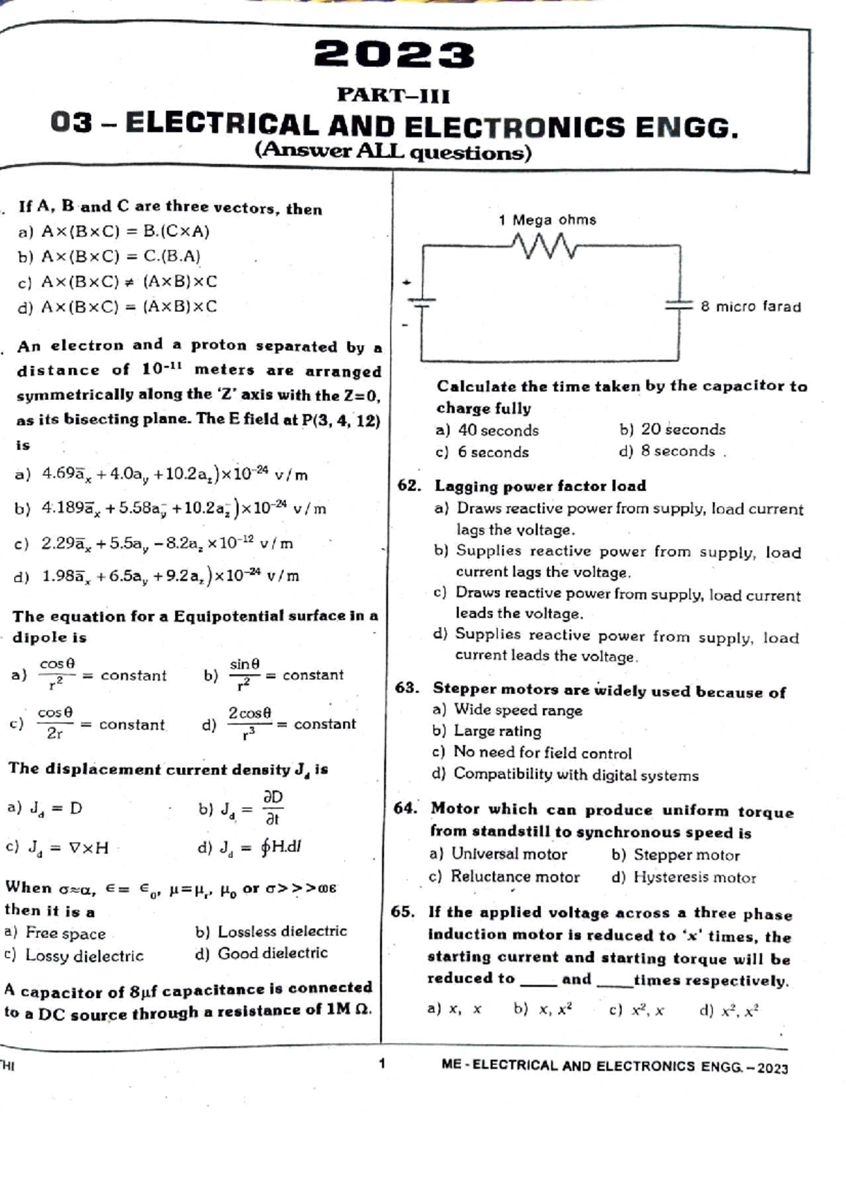 03 ME ELECTRICAL AND ELECTRONICS ENGG. (Answer ALL Questions) - Studocu