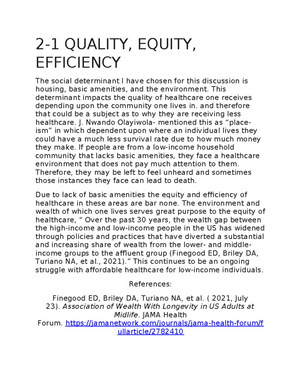 2-1 Discussion on Quality, Equity, and Efficiency in Healthcare - Studocu