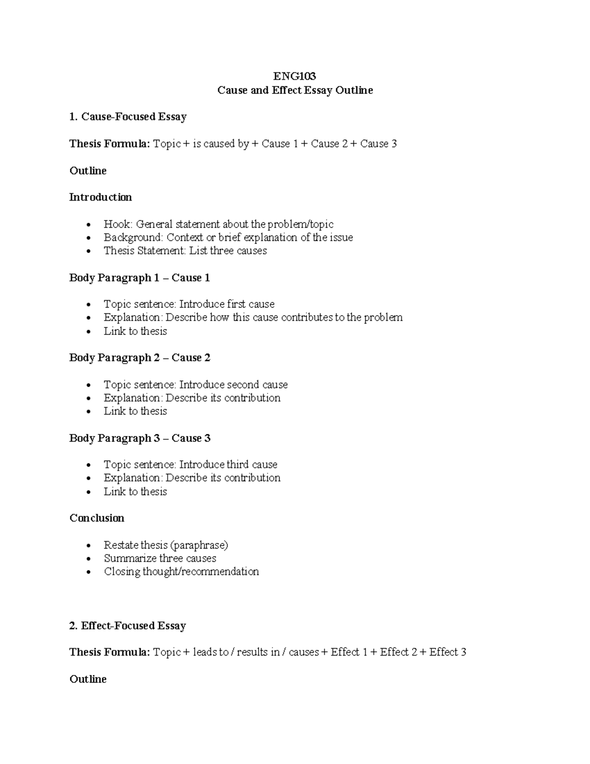 ENG103 Cause and Effect Essay Outline Guide - Studocu