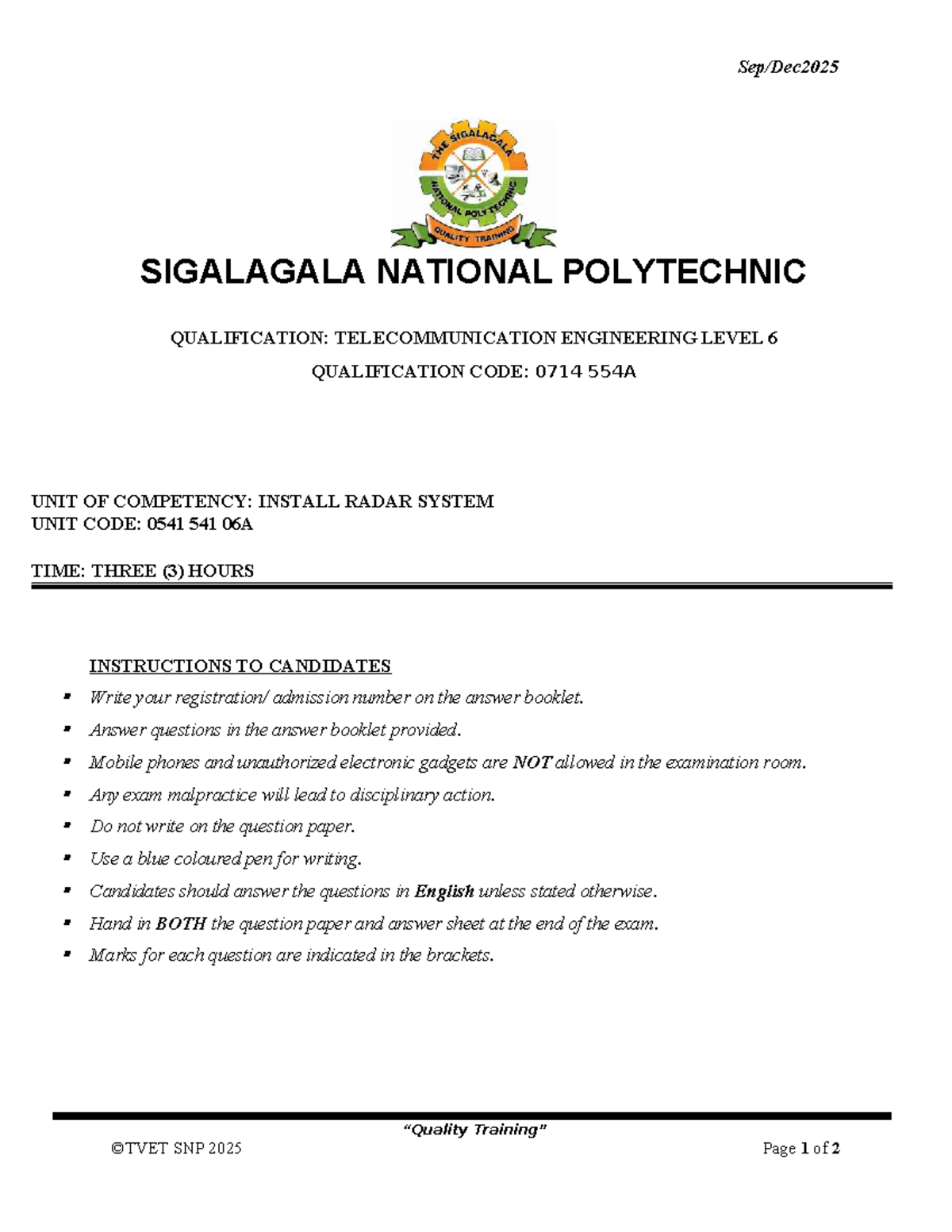 Telecommunication Engineering Level 6 Exam: Radar System Unit 0714 554A ...