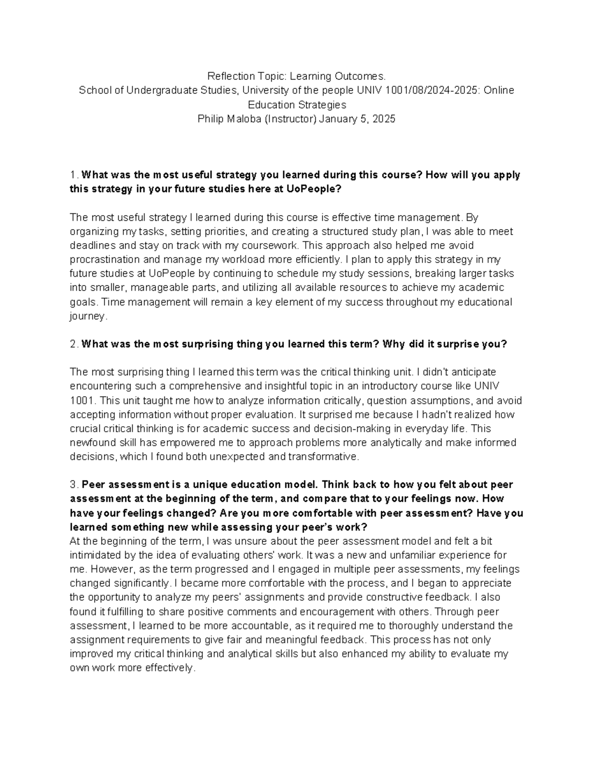 UNIV 1001/08 - Reflection on Learning Outcomes and Strategies - Studocu