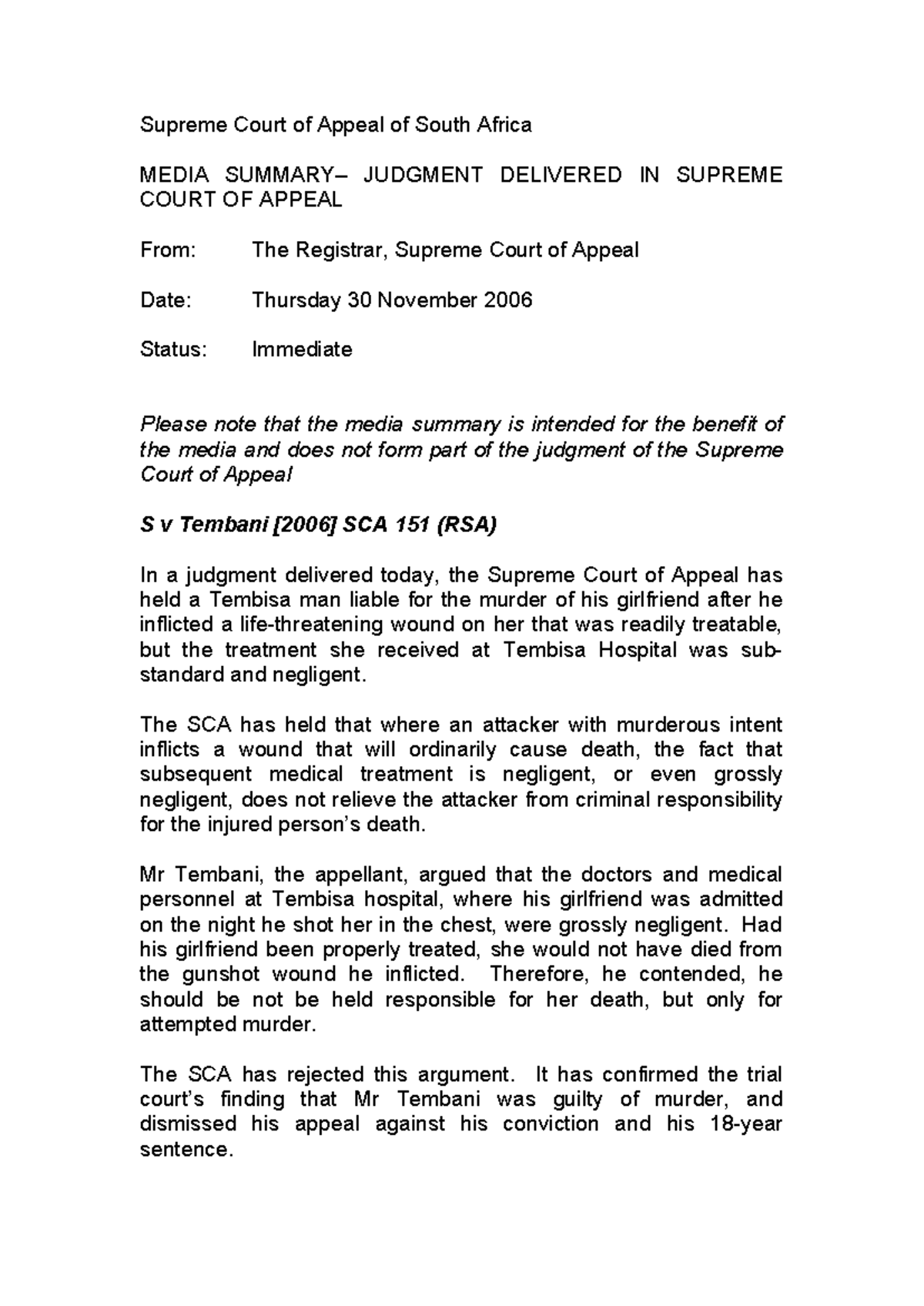 SCA Judgment: State v Tembani - Murder Conviction Affirmed - Studocu