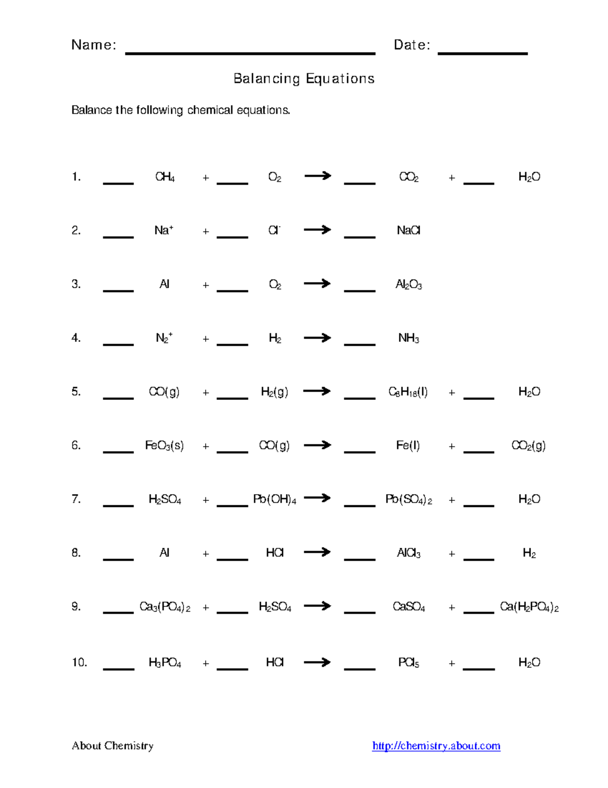 Homework 1 balancing chemical equations - Name: Date: Balancing ...
