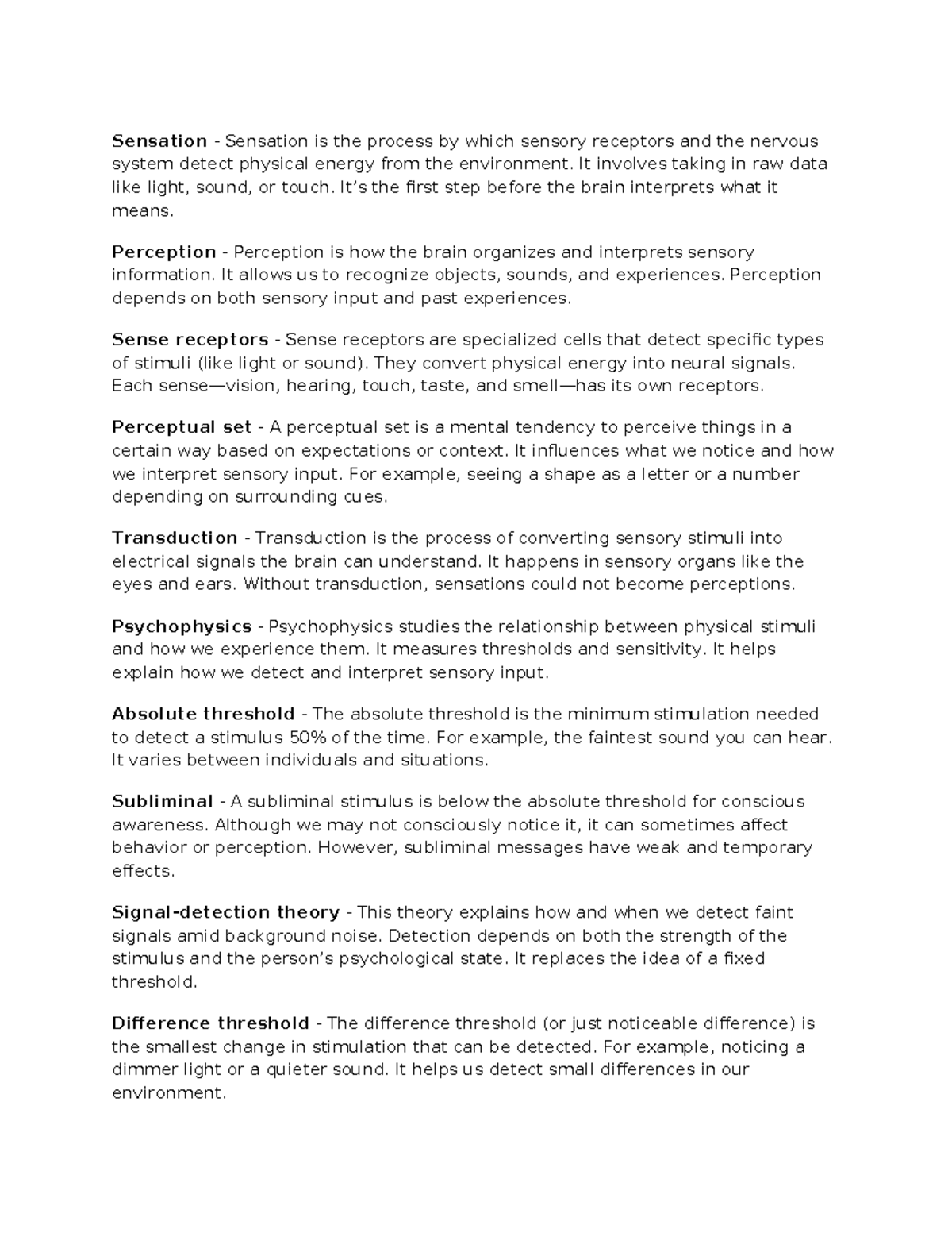 Psychology 101: Sensation and Perception Key Concepts Overview - Studocu