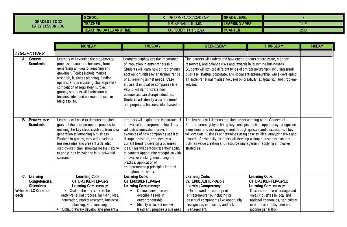 DLL Grade 8 - TLE Daily Lesson Log on Entrepreneurship and Innovation ...
